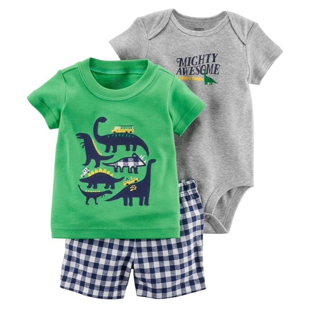 NWT Carter's Infant Boys Dinosaur Outfits Bodysuit, Shirt & Plaid Short